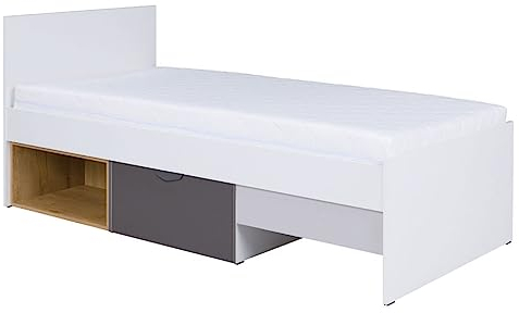 Mirjan24 Kinderbett Nawiro NR15 L/P mit Schublade, Bett, Funktionsbett für Jugendzimmer, Kinderzimmer, Komfortbett, Bettgestell (Weiß/Graphit + Eiche Lefkas)