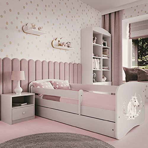 Kids Collective Kinderbett 80x160 cm mit Rausfallschutz, Lattenrost & Schublade in weiß 80x160 Mädchen Bett rosa Pferd | von 3. bis 10. Lebensjahr