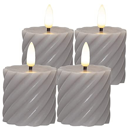 LED Stumpenkerzen Set Grau mit Timer und Flackernder Flamme - 4er Gedrehte Deko Kerzen