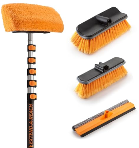 30-Foot Exterior House Cleaning Brush Set with 5-24 ft Extension Pole // Vinyl Siding Brushes with Telescopic Extendable Pole & Window Cleaning Squeegee Tool // The Ultimate Extension Scrub Brush Set