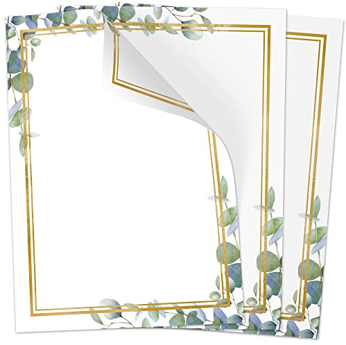50 Blatt Briefpapier (A4) | Edles Eukalyptus Gold Rahmen Design Papier | Motivpapier | Papier für Einladung Menu Speisekarte | beidseitig bedruckt | Bastelpapier | 90 g/m²