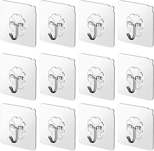 LIDOUK 12pcs Self Adhesive HookLIDOUK Hooks Heavy Duty Wall Hooks Strong Adhesive Hooks 22lbs/10kg Seamless Hooks Transparent Hooks
