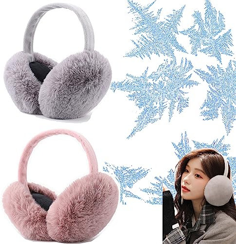 SYXLS 2 Pcs Ear Muffs for Women, Winter Ear Warmers, Cute Foldable Outdoor Ear Warmers, Outdoor Faux Fur Ear Muffs, Soft Fluffy Plush Ski Earmuffs for Women Girls