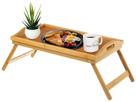 Relax world Vassoio da Letto, in Bambù, con Gambe Pieghevoli,Tavolino Colazione, Color Naturale, Legno, Marrone,HxLxP: 25x50x30 cm