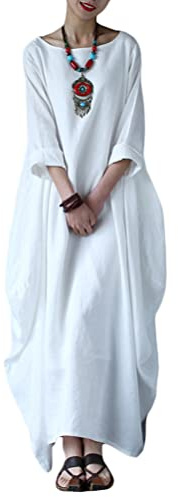 ORANDESIGNE Longue Caftan Femme Robe Lin Coton Boho Col Rond Ample Maxi Robe De Plage Casual Demi Manches Maxi Grande Taille Robe de Plage Bikini Cover Up Poncho Plage Vacances A Blanc XXL