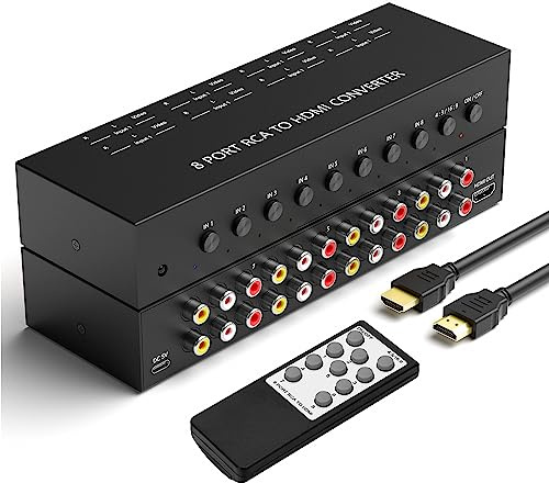 Convertidor RCA a HDMI de 8 Puertos 1080P/720P RCA Compuesto CVBS AV Interruptor a HDMI convertidor Adaptador Compatible con Interruptor 4:3/16:9, para Sega Xbox PS1 PS2 PS3 N64 NGC SNES Wii VHS VCR