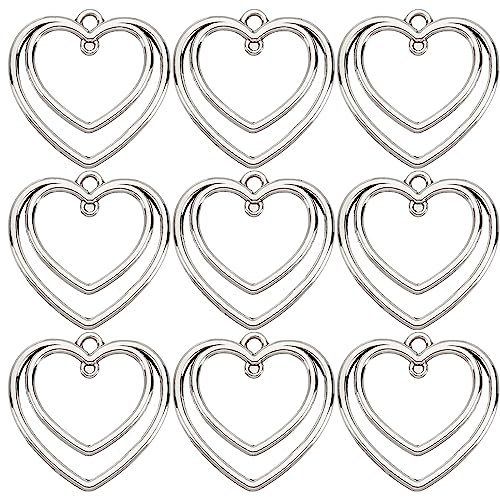 SUNNYCLUE 1 Box 50Pcs Heart Connector Charms Double Heart Charms Open Bezel Charme Love Charm Pressed Flower Blank Frame Hollow Charm Connectors for jewellery Making Charme Resin Work Antique Silver