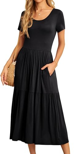 GRECERELLE Womens Summer Maxi Dress Casual Short Sleeve Crew Neck Swing Flowy Tiered Party Dresses with Pockets for Weddings, Holidays
