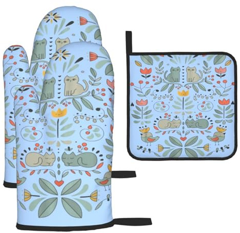 Lustige Katzen Vögel und Blumen bedruckte Ofenhandschuhe und Topflappen rutschfeste Silikon-Ofenhandschuhe zum Grillen/Kochen/Backen/Grillen, Weihnachts-Ofenhandschuhe