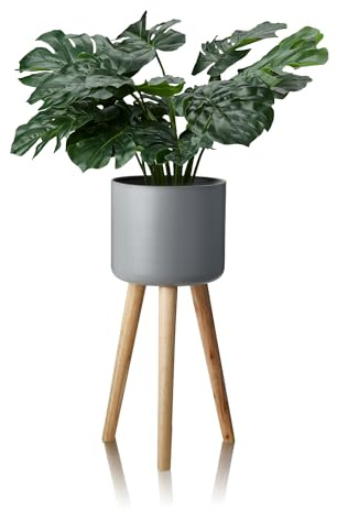 KHG Blumentopf Pflanzkübel grau 28 cm Durchmesser, vielseitig einsetzbar | Pflanzenständer im Scandi Look Höhe 60 cm, Übertopf aus Metall wasserfest mit Holzbeinen, ideal für Wohnräume & Büro