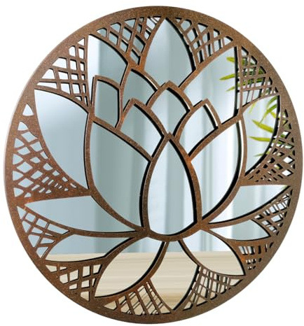 ROCKING GIFTS Espejo de Pared Redondo con Flor de Loto en Metal Efecto Viejo Oxidado, Adorno Decorativo para Pared, Cuadro Decoración Mural Étnico, 50 cm