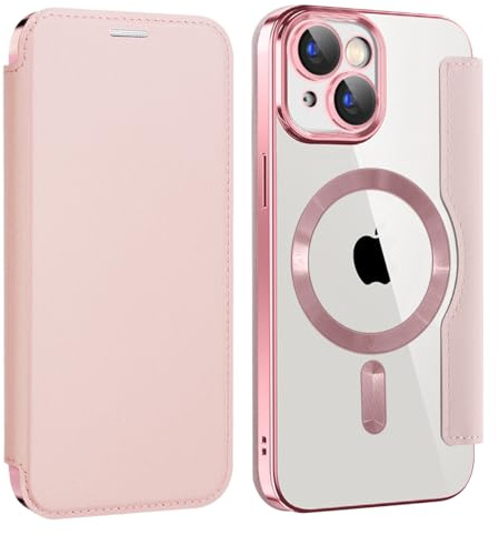 Cover per iPhone 15 Compatibile con MagSafe Custodia Trasparente Magnetica Pelle Portafoglio a Libro Slot Schede Magnetica Supporto Flip Case per iPhone 15 Rosa