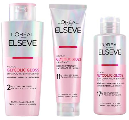 L'Oréal Paris Elvive Glycolic Gloss Après-Shampooing 150ml + Shampoing 200ml + Traitement Laminage 5 Minutes 200ml Coffret pour Cheveux Ternes et Poreux Brillance Intense et Longue Durée - 3 Flacons