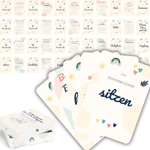 Meilensteinkarten Baby - mit Tipps von Ärzten für mein erstes Jahr - Meilensteine mit hochwertiger Geschenkbox für Jungen & Mädchen - Baby Meilensteinkarten als Geschenkidee