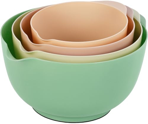 BoxedHome Rührschüssel Set, BPA-freiem Kunststoff, Große, 4tlg., Salbei | 4,3/3,3/2,4/1,6L, Rutschfester Boden, Ausgießer, Griff, Stapelbar, 70% Platzersparnis, Spülmaschinenfest, für Backen & Kochen