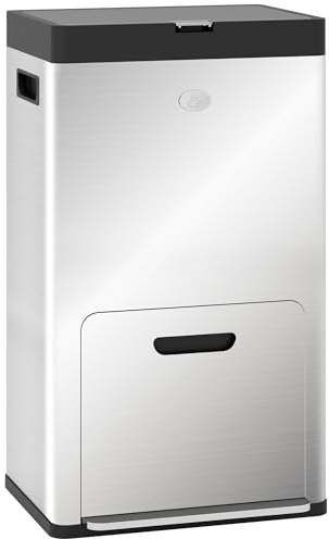HOMCOM Pattumiera Differenziata a 3 Scomparti 18+18+20L a Pedale, Cestino Rifiuti in Acciaio con Ruote, Chiusura Silenziosa, Secchi Interni Rimovibili e Supporto per Deodorante, 45.7x35.8x76cm Argento