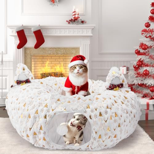 Iptienda Katzentunnel XXL mit Schlafplatz, Faltbarer Rascheltunnel für Katzen – Weiches Spielzeug für Indoor/Outdoor, Katzenspielzeug Katzentunnel mit Katzenbett, Katzen Donut mit Spielball und Glocke