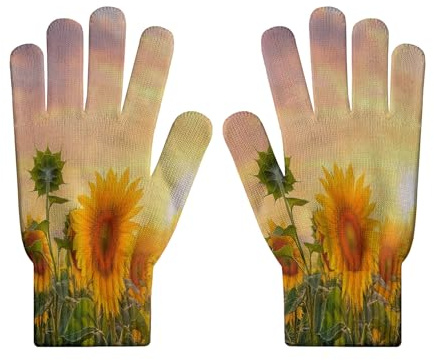 Winter-Touchscreen-Handschuhe für Damen – Sonnenuntergang mit Sonnenblumen, Thermo-Strickhandschuhe für Damen, grüne Blätter in Richtung Sonne, elastische Touchscreen-Smartphone-Handschuhe zum A