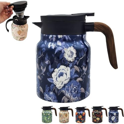 Cikiki 34OZ Stainless Steel Tea Thermoses with Infuser, Vintage Floral Pattern Thermal Coffee Carafe, Wooden Handle Teapot Tea Kettle Thermal Coffee Carafes for Keeping Hot Drinks