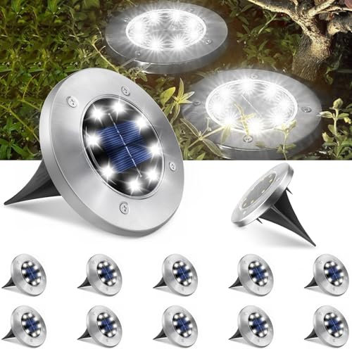 Ddlisu Solar Lights Outdoor Garden, 600mAh Disk Solar Powered Deck Ground Lights, 8 LED Outdoor Path Lighting IP65 Waterproof, for Garden Lawn Pathway Yard Landscape Walkway-Cool White