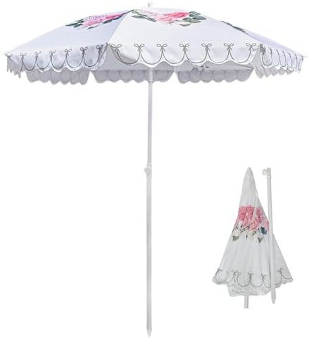 KXWOQ3ED Ombrellone da Giardino Inclinabile, Ombrellone da Spiaggia Portatile con Motivo a Rose, Ombrellone Parasole Bianco UPF50+ per Balcone, Terrazzo, Piscina, Mercato