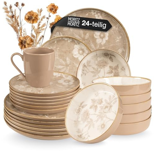 Moritz & Moritz MARIELLA Service de table en faïence pour 6 personnes, 24 pièces, beige avec design ludique, service à café facile d'entretien avec assiettes, bols et tasses, service combiné