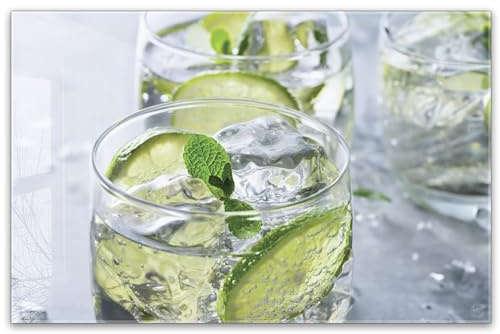 Herdabdeckplatte 80x52 cm einteilig aus 4mm ESG Glas | Limetten und Minze im Glas | Herd Abdeckung Abdeckplatte Induktion Schneidebrett Glasplatte für Ceranfeld