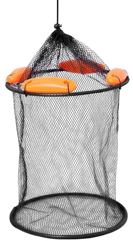 Varku Foldable Fishing Net Basket, Mesh Fish Keeper with Floating Rings, Collapsible Live Fish Trap, Secure Drawstring Closure, Portable Storage for River Lake Pond, 1 Pack Mesh Fabric