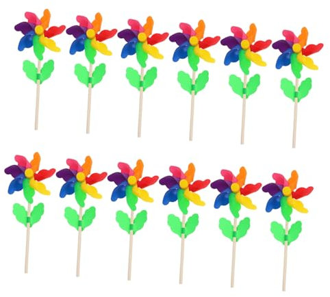 TOGEVAL 12pièces Lot de Moulins à Vent Fleur Arc-Ciel avec Tige Bois Jouets Éducatifs pour Garçon Fille Décoration Colorée pour Jardin Et Extérieur
