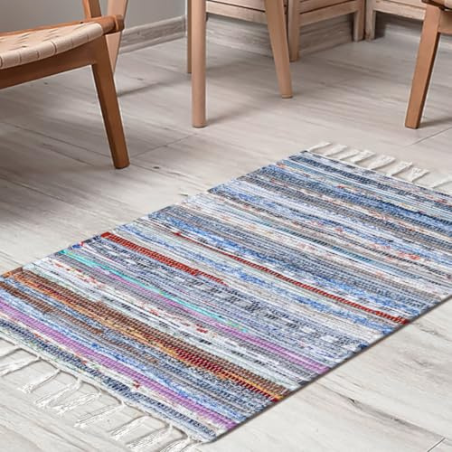 CottonCove Cotton Chindi Rug - Boho Rustic Area Accent Throw Rug - Area Floor Carpet for Bedroom Living Room Kitchen Dorm Entryway Hallway - 20x32 inch Hand Woven Reversible Rug Pastel Multi Color