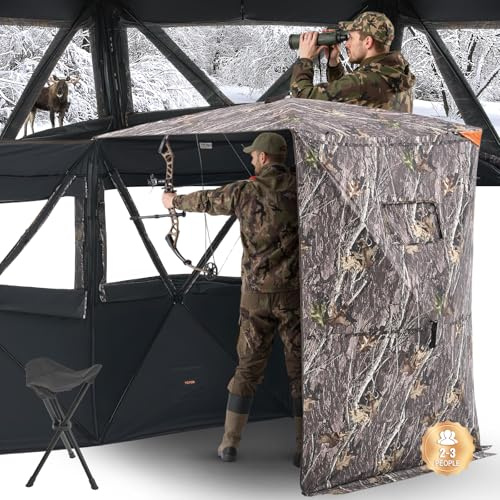 VEVOR Affût de Chasse Thermique pour 2-3 Personnes, Tente de Camouflage Portable avec Sac de Transport et Chaise, Cache de Chasse avec Porte Silencieuse à Fermeture Éclair et Fenêtre, Chasseur
