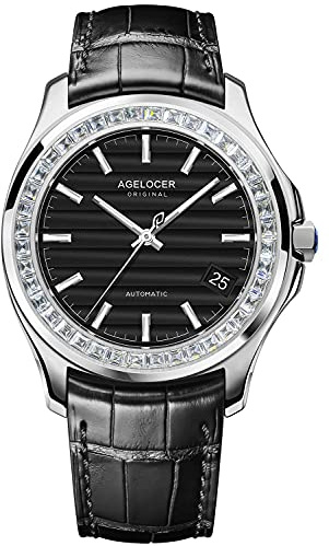 agelocer Herrklocka mekanisk automatisk med vattenkrusning gradienturtavla, kristall diamant infattning, kalender, lysande, 80 H kraftreserv, läderrem, klänning lyxig present till män, Lq_6302e1