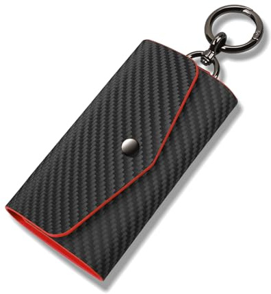 Leather Keychain Wallets Portable Key Holders Pouch Multiple Key Organizer, Key Holder with 6 Hooks for Men or Women,Carbon Fiber Pattern,Red