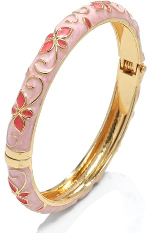 sunglnl Cloisonne Bracelet For Women, 4 Petals of Flower Shaped Enamel Bling Chunky Bangle Trendy Cute Colorful Gold Plated Vintage Bracelets Stackable Wife Jewelry Friendship Gift (Pink)