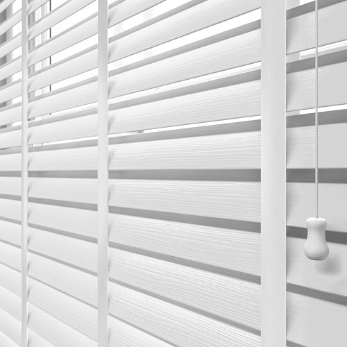 White Faux Wood Taped Venetian Wooden Blind Made to Measure 50mm Slats (Woodgrain, 60W x 210H cm)