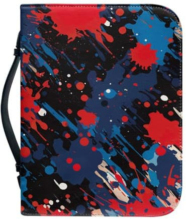 Bibel Hülle Tasche Blaue Abstrakt Große Pu-Leder Buchhülle Für Damen Und Herren, Vielseitige Buchschutz Mit Griff, Reißverschluss, Taschen Und Stiftfächern 25.9x4.6cm