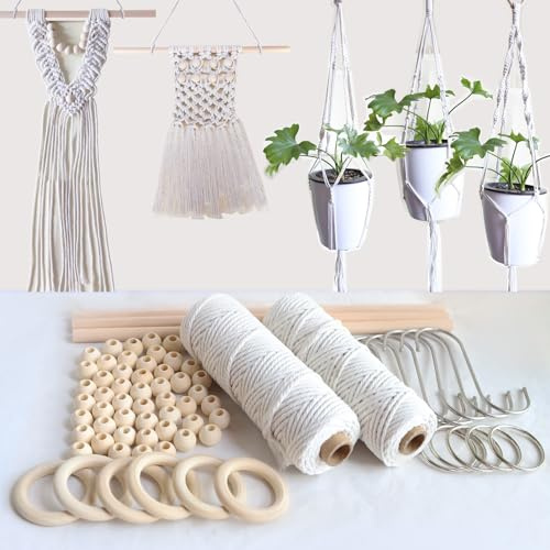 HENGLUO Makramee Set Anfänger, 3mm×100M Weiß Makramee Garn, Makrame Blumenampel Selber Machen, Makrame Bastelset Set mit Holzperlen, Ringe und Andere Accessoires