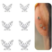 BodyBonita 3 Paia Orecchini Donna con Chiusura Piatta, Orecchino a Bottone in Argento Sterling 925,Set Orecchini Placcati in Oro 16 Carati, Stellato CZ Argento Piercing Orecchio Argento