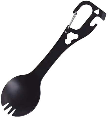 Klaisy Edelstahl Göffel Camping Utensil mit Löffel Gabel Flaschenöffner 5 in 1 Multifunktional Camping Essutensilien Besteck