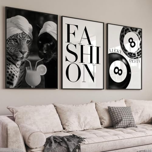 Xiyocadt 3er Poster Set, Modischer Leopard in Schwarz-Weiß Bilder, Cocktail Nr. 8 Ball Kunstdruck Poster, Lustiges Tierposter für Wohnzimmer Schlafzimmer Wanddeko,Ohne Rahmen (21x30cm)