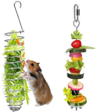 2er-Set Beschäftigungsspielzeug für Ratten, Edelstahl-Halterung für Obst & Gemüse, hängendes Futterspielzeug (Slow Feeder) zur Futtersuche für Farbmäuse, Hamster, Meerschweinchen, Chinchillas & Eichhö