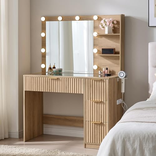 LUXOAK Coiffeuse avec miroir et 10 lampes LED, grande coiffeuse avec plateau en verre et prise, 4 tiroirs et support pour sèche-cheveux, coiffeuse moderne pour chambre à coucher (chêne, 92 x 40 x 136