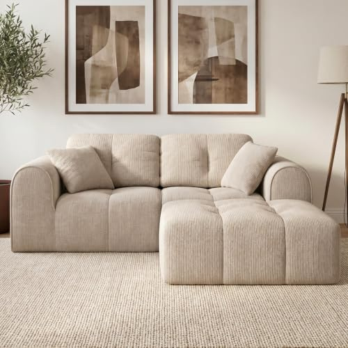 skølm Vanaheim Sofa 2-Sitzer mit Hocker, Cloud Couch, Beige, 2 Kissen | Modulares Ecksofa in L-Form, Sofagarnitur 197 cm breit, vakuumiert verpackt, Wohn- & Gästezimmer, kein Aufbau erforderlich