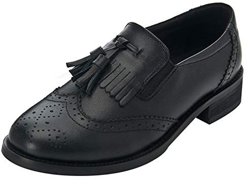 ANUFER Mujer Piel Genuina Borla Mocasines Elegante Brogues Slip-On Zapatos de Salón SN02770 Negro EU37