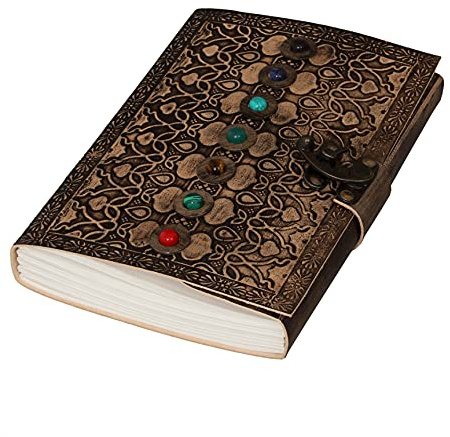 AzureGreen Notizbuch aus Leder mit Chakra-Edelsteinen, Heilkristallen und Verriegelung