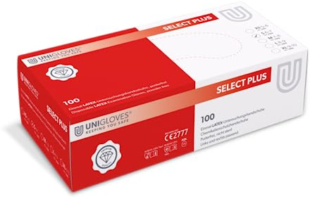 UNIGLOVES - Robuster SELECT® PLUS Latexhandschuh | Puderfrei & lebensmittelecht | Extra griffig dank mirkrogeraute Handfläche | 100 Stück | Einmalhandschuh S