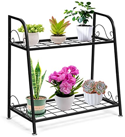 GOPLUS Portavasi in Ferro Battuto a 2 Piani da Interno e Esterno, Per Giardino, Balcone Nero, 63x30,5x61,5 cm (Modello 3)