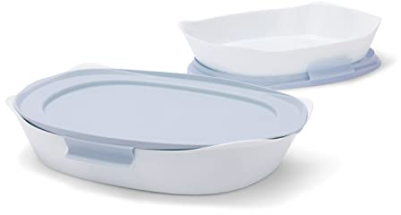 Rubbermaid Glas-Auflaufformen für Ofen, Auflaufform Backformen, DuraLite 4-teiliges Set, rechteckige Geschirr, Weiß (mit Deckel)