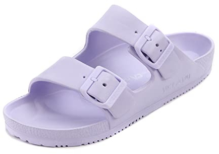 VICT POPU Pantoletten Damen mit Fussbett Sandalen Flach Rutschfest Sommer Badelatschen Lässig EVA Slides Erwachsene Schlappen