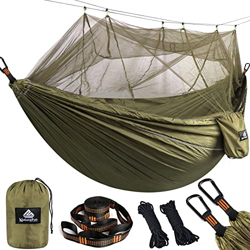 NatureFun Ultraleichte Moskito Netz Camping Hängematte (300 X 200 cm) 300kg Tragfähigkeit,Atmungsaktiv, schnell trocknende Fallschirm Nylon Enthalten 2 x Premium Karabinerhaken 4 x Nylonschlingen
